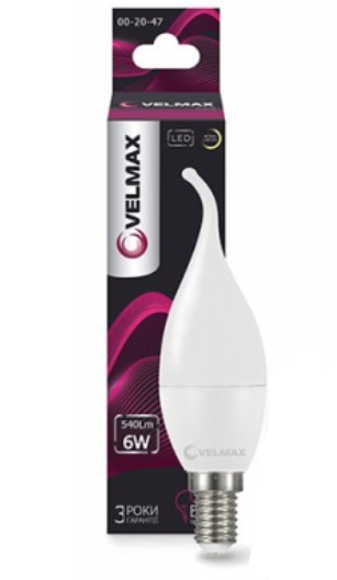 Лампа світлодіодна Velmax C37t, 6Вт, E14, 4100К (4823051512706)